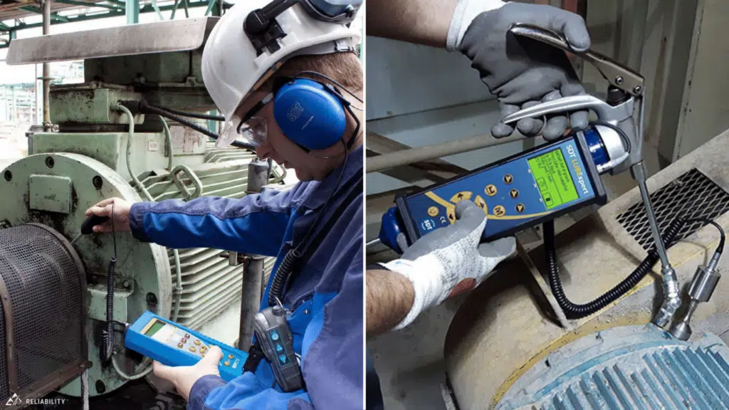 a technician using an ultrasonic device to detect leaks in industrial equipment