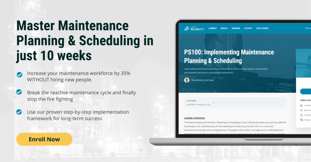 Promotional banner for PS100: Implementing Maintenance Planning & Scheduling online course, highlighting 10-week training to improve maintenance productivity without hiring new staff