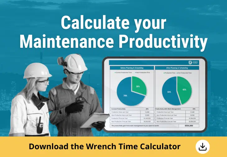 Two technicians using the Wrench Time Calculator to assess maintenance productivity before and after planning & scheduling improvements