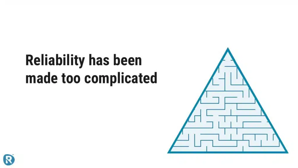 Triangle-shaped maze with the caption “Reliability has been made too complicated,” illustrating how reliability improvements are often overengineered and harder than they need to be