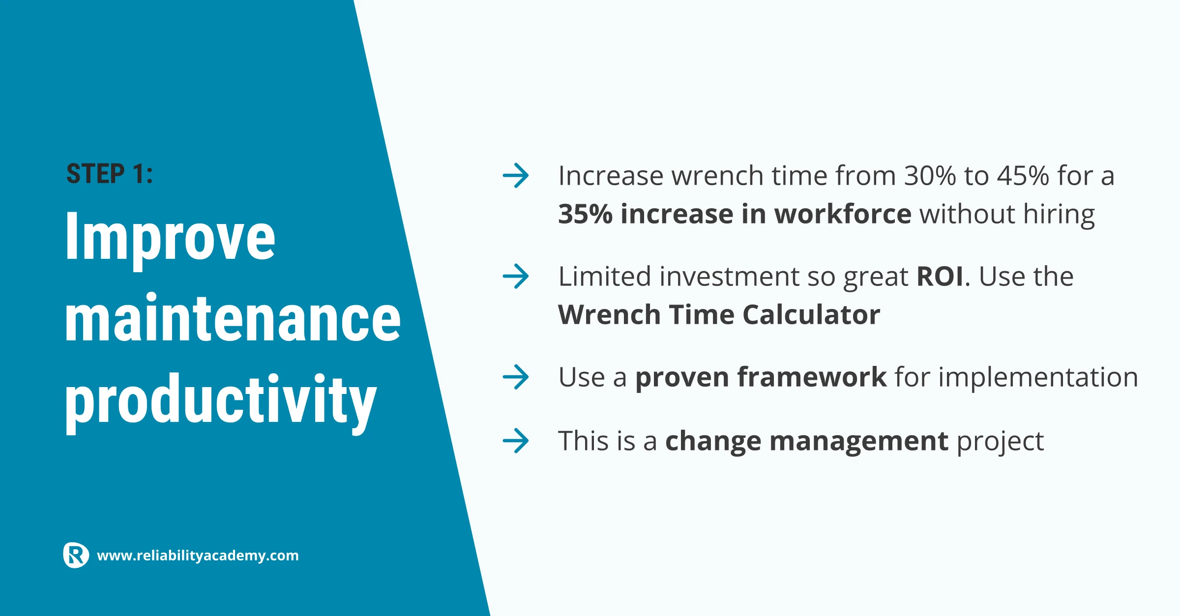 Step 1 to reduce maintenance costs: improve maintenance productivity by increasing wrench time, using a proven framework, and treating it as a change management project – from Reliability Academy.