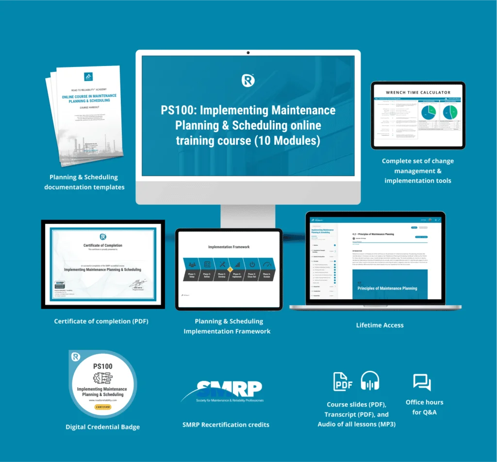 Overview of the PS100: Implementing Maintenance Planning & Scheduling course, showing digital resources including templates, certificate, framework, lifetime access, SMRP credits, and Q&A support