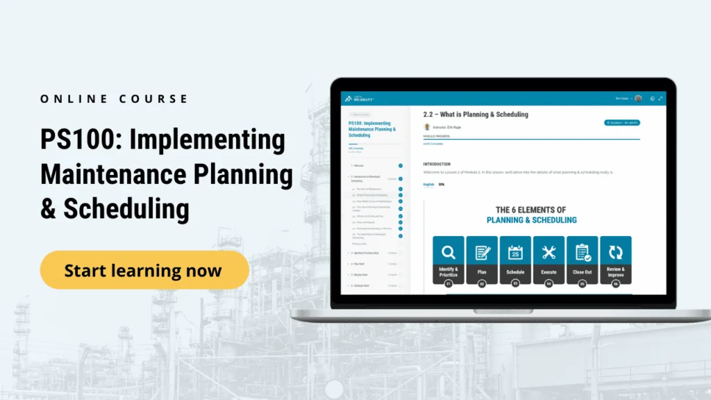 Promotional image for the PS100 online course on Implementing Maintenance Planning & Scheduling, featuring a laptop displaying course content and a 'Start learning now' button