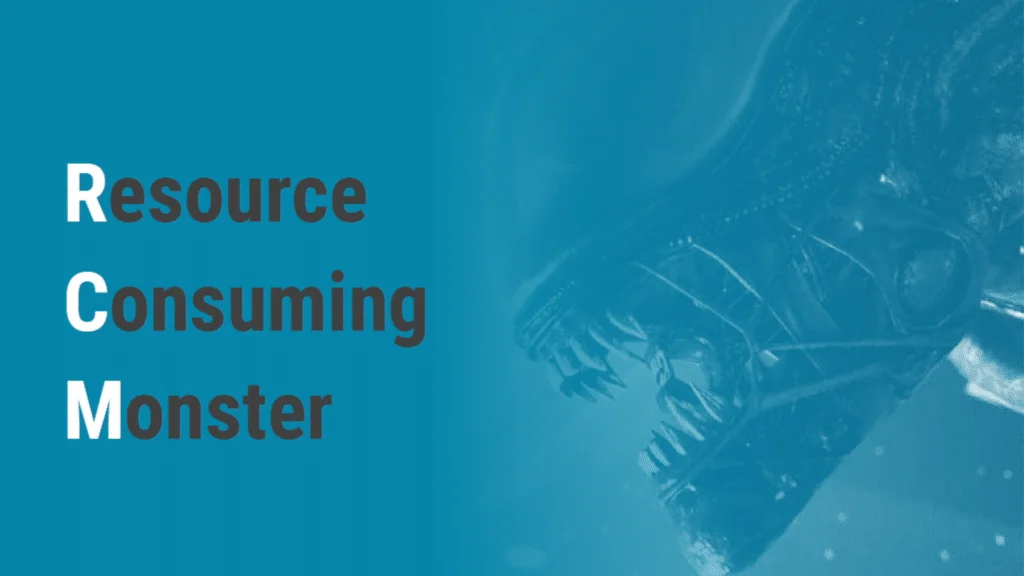 Visual metaphor criticising traditional Reliability Centered Maintenance (RCM) as a Resource Consuming Monster, highlighting the risk of inefficient implementation in maintenance programmes