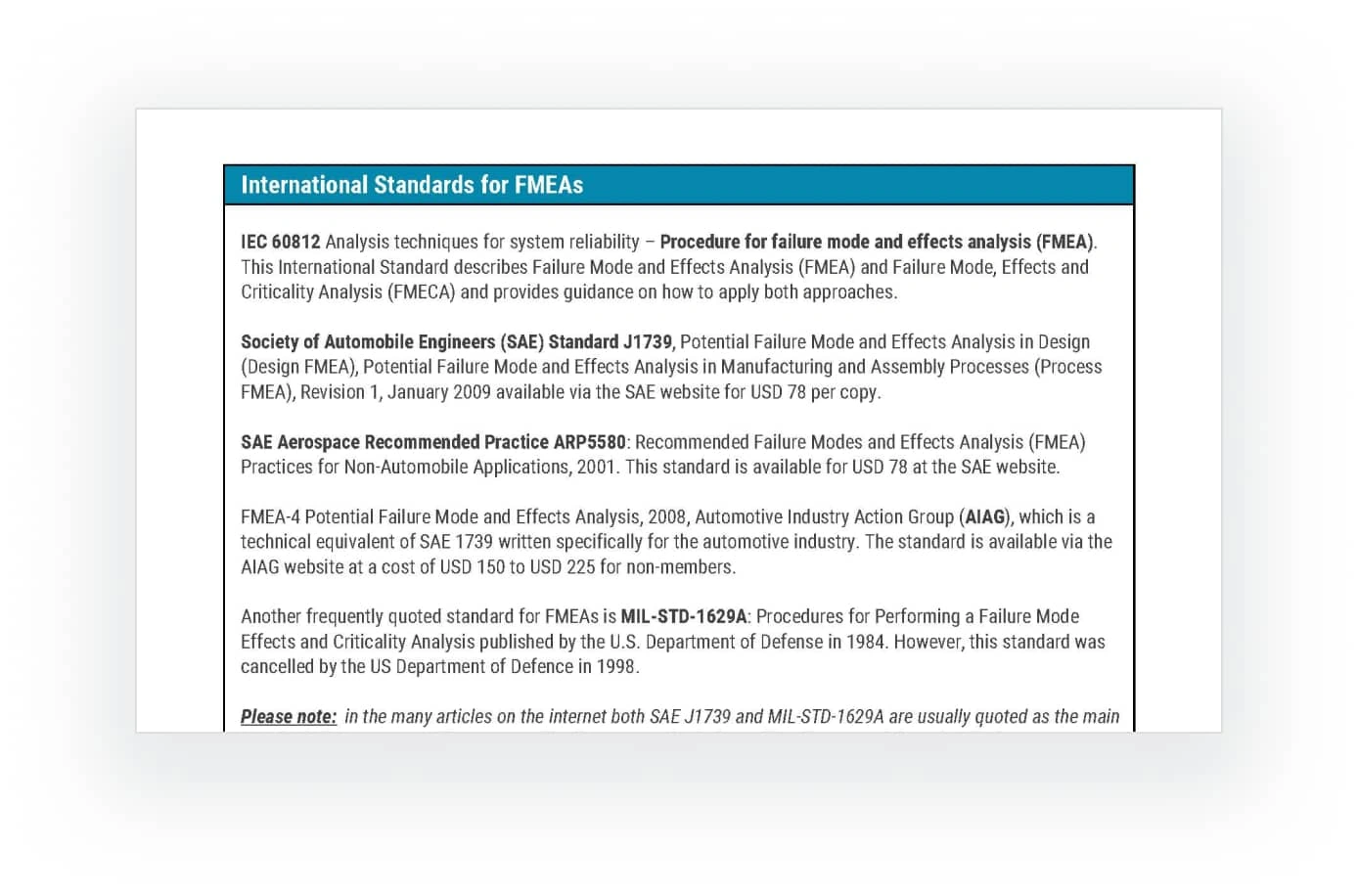 International Standards for FMEAs