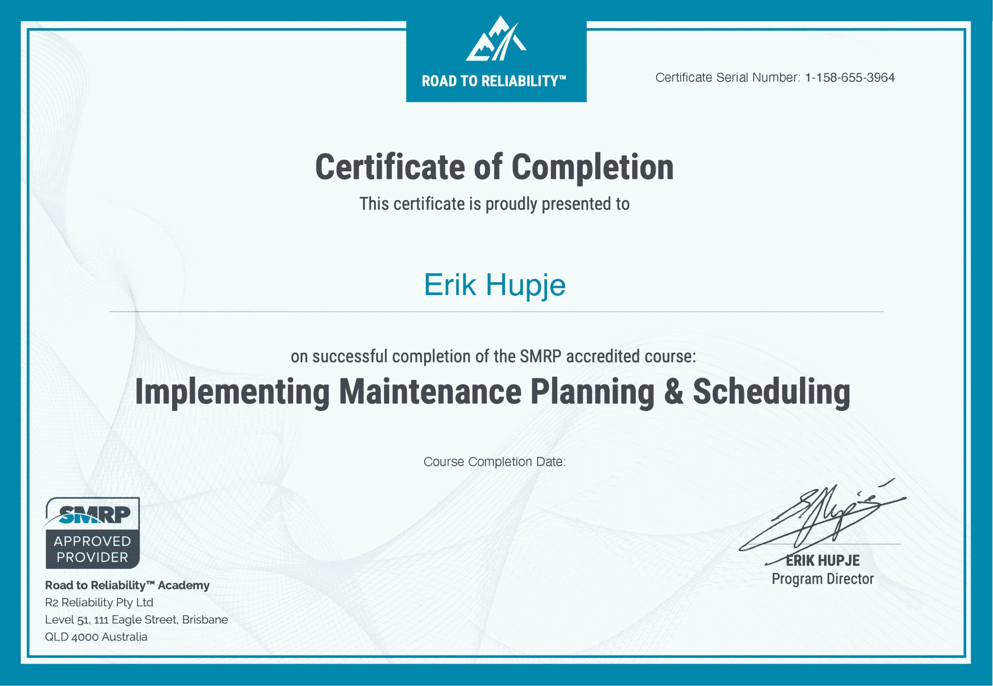 planning and scheduling sample certificate