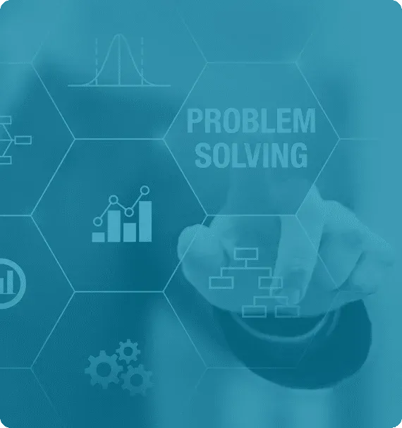 Digital interface highlighting problem solving, data analysis, and process mapping—visual used in Reliability Academy’s maintenance and reliability engineering training
