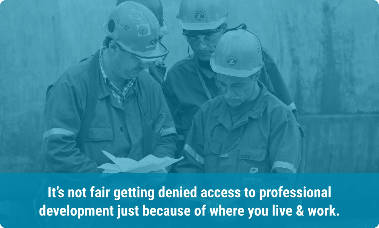 Group of frontline maintenance workers reading instructions with overlay text: