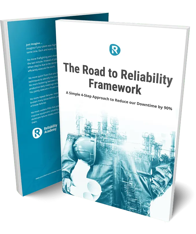 Cover of The Road to Reliability Framework book, featuring a 4-step approach to reducing equipment downtime by 90%.