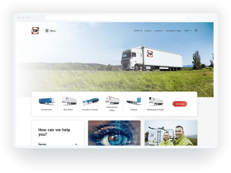 Screenshot of TIP Trailer Services website showcasing commercial trailer fleet and rental solutions—highlighting asset reliability focus in transport and logistics industry